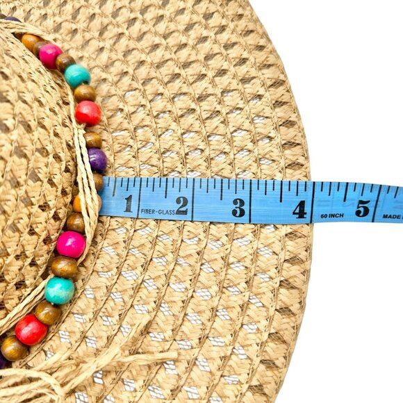 Wide Brim Straw Sun Hat With Multicolor Beaded Band One Size Lightweight Stylish - Picture 6 of 8